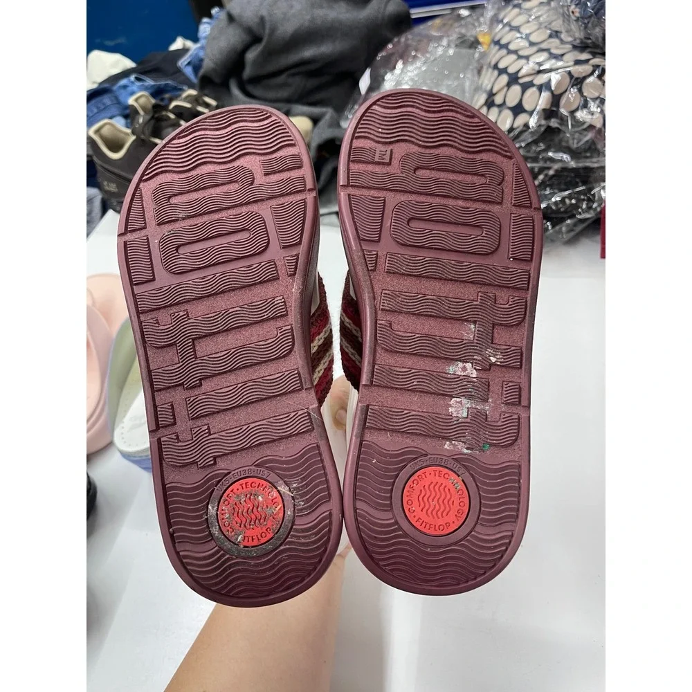FitFlop Microwobbleboard Crochet Stripe Platform Sandals Burgundy Womens 7